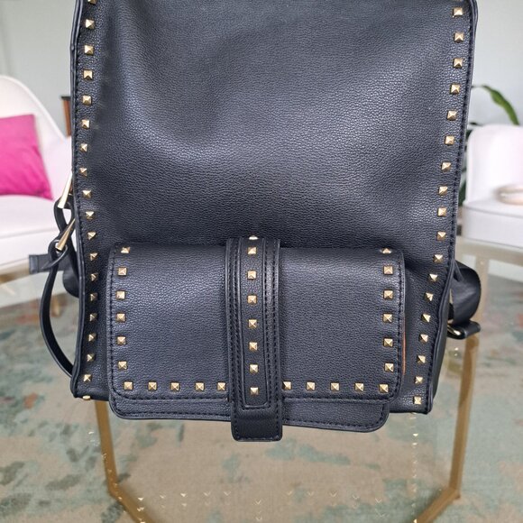 Stylish Black Backpack Gold Studs Imitation Leather with Faux Suede Interior - Picture 1 of 8